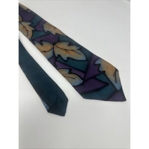 Vintage Handpainted Silk Robert Daskal Tie - Blue Purple Leaves Fall‎